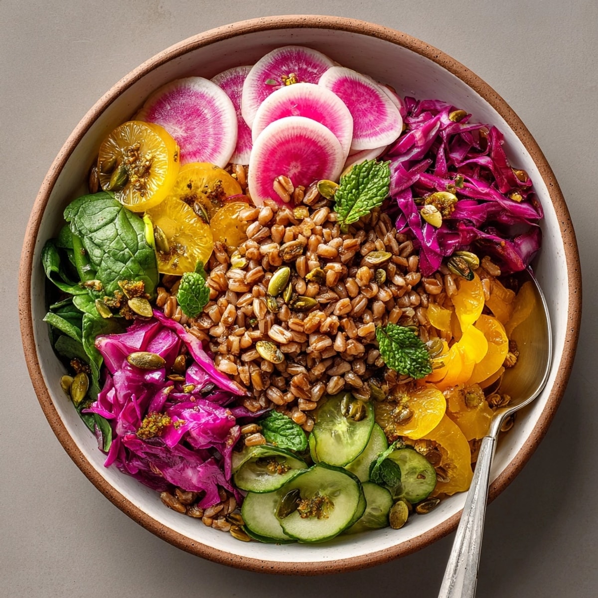 Close-up of a Rainbow Farro Bowl; tart cherries and toasted seeds glisten appetizingly.