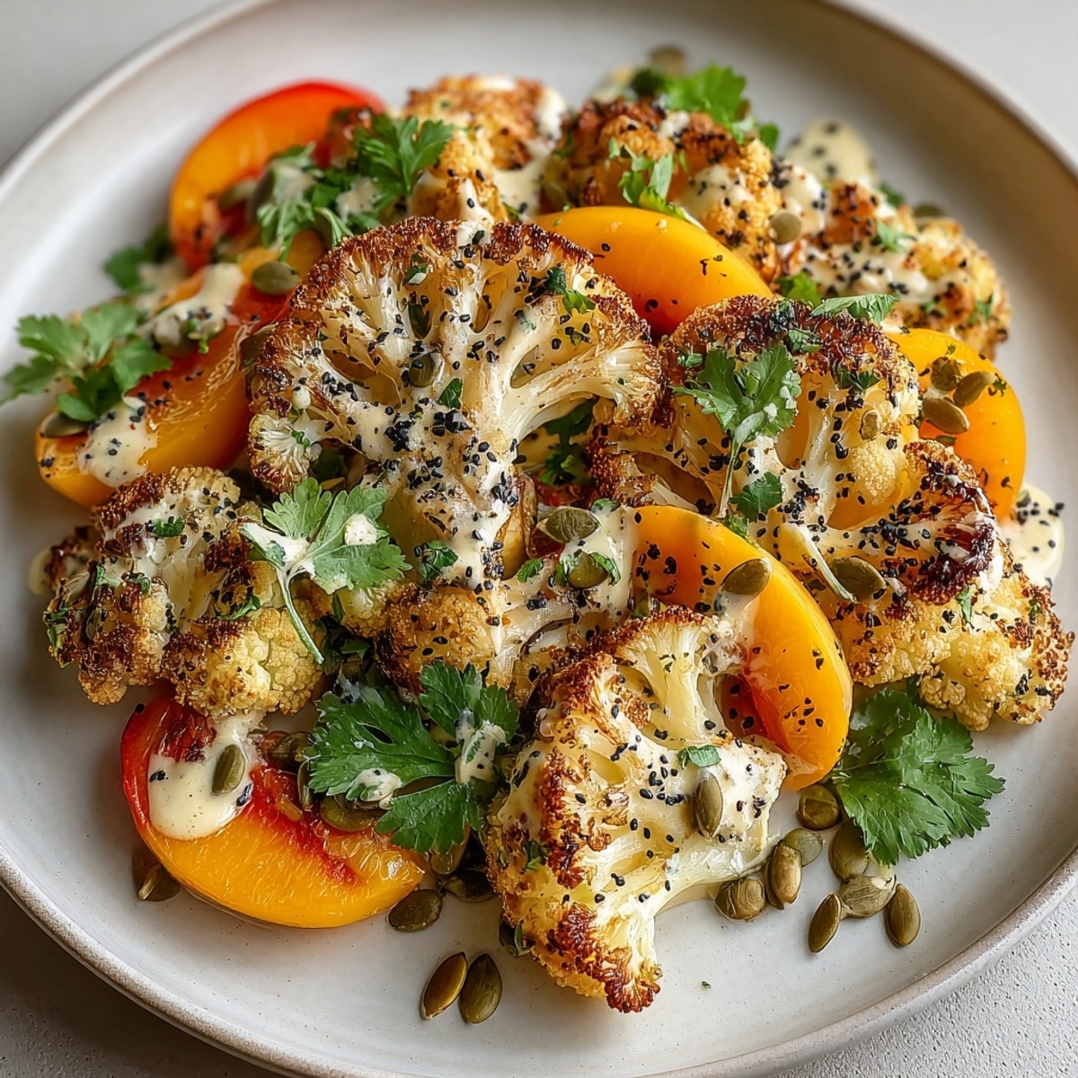 Golden Spicy Roasted Cauliflower & Peach Salad: sweet, savory, and ready to serve!