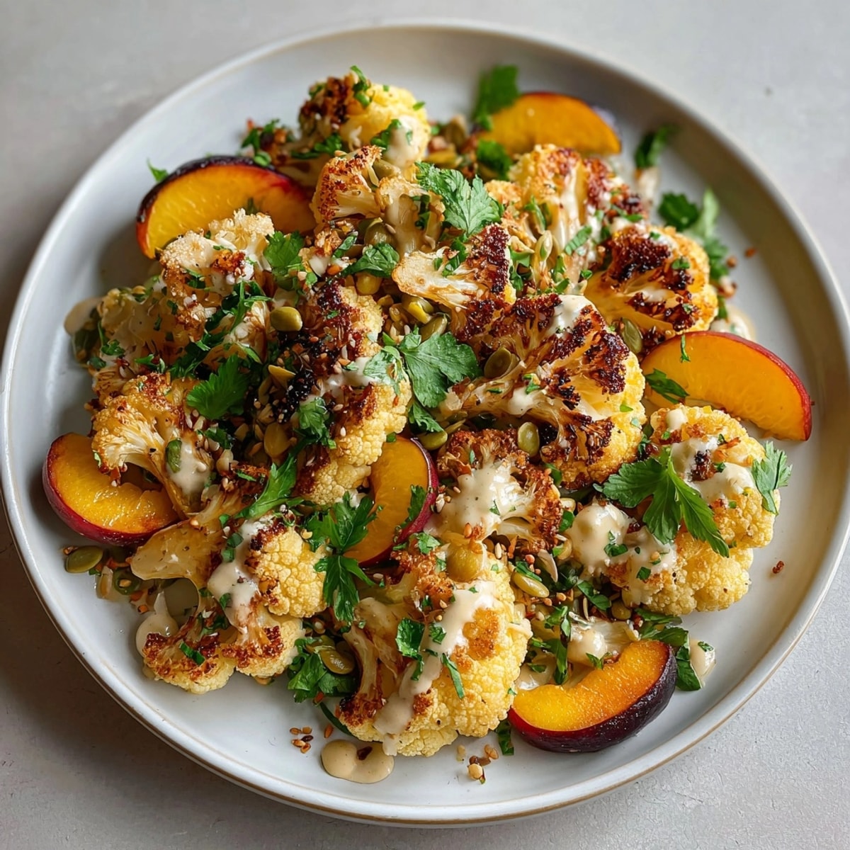 Easy Spicy Roasted Cauliflower & Peach Salad recipe showcasing charred cauliflower and juicy peaches.