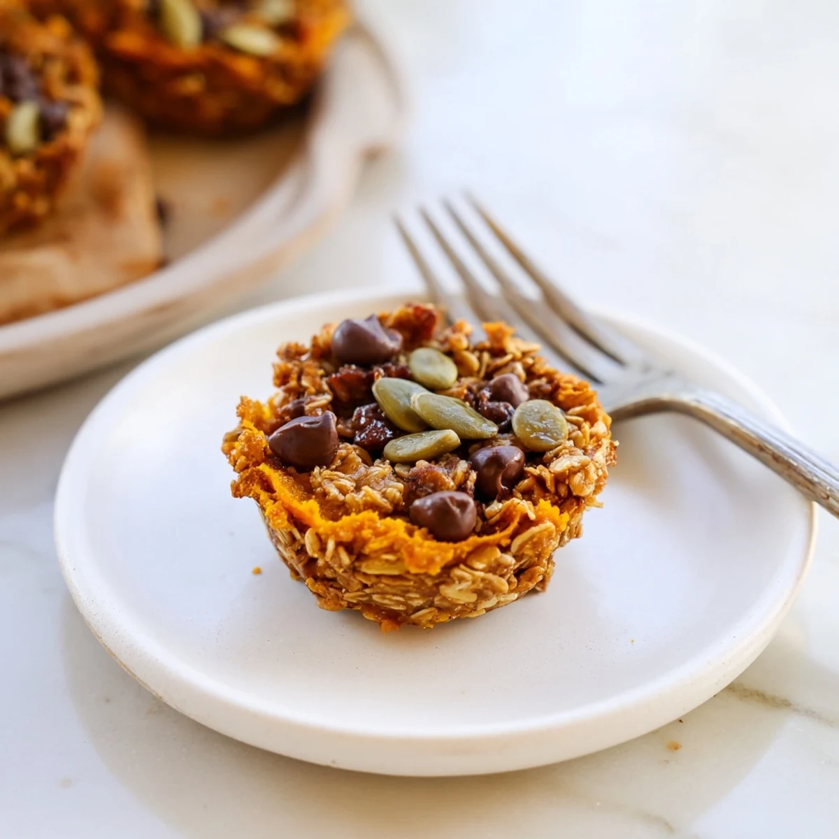 Delicious pumpkin muffin granola cups, topped with chocolate chips and autumn spices.  
