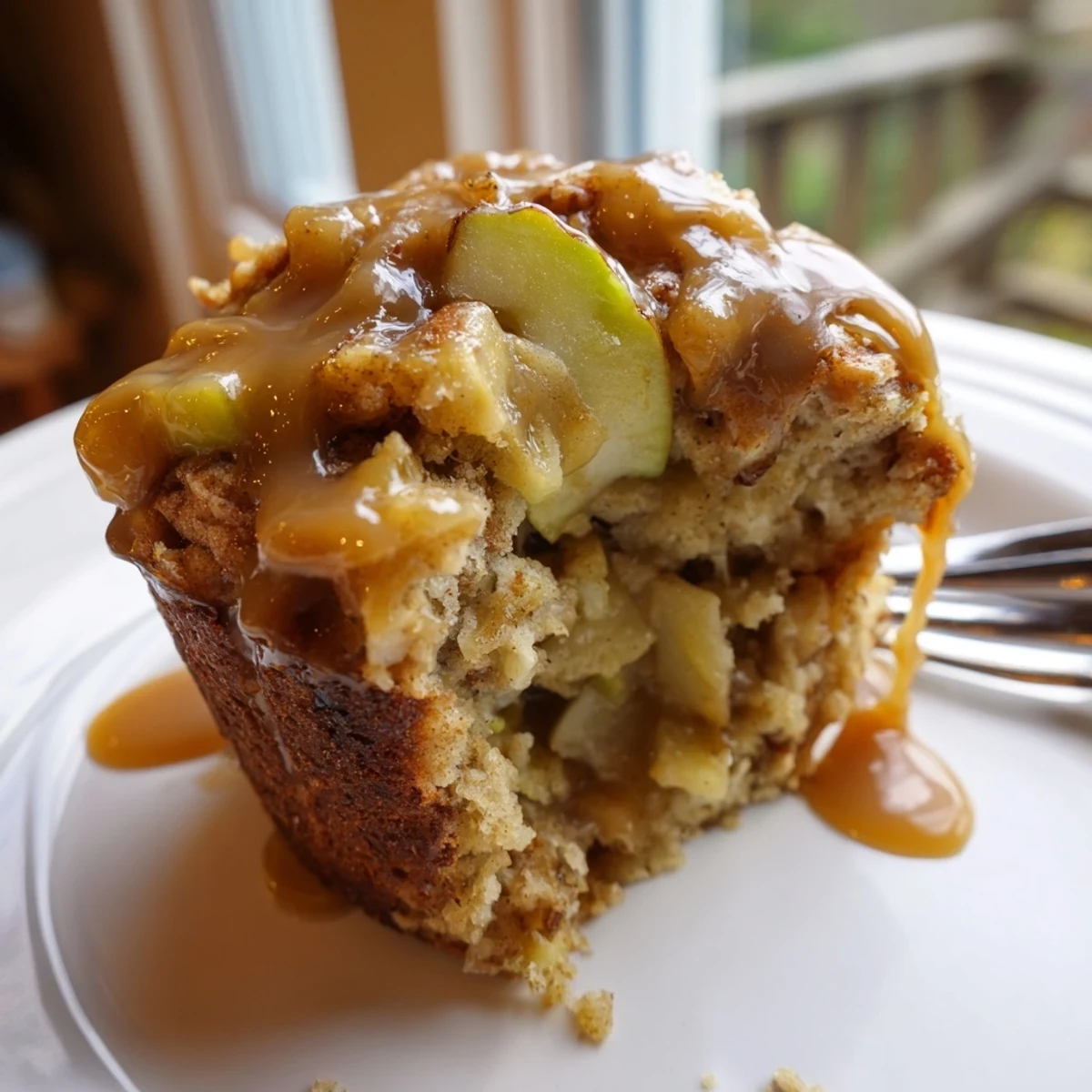 Freshly baked caramel apple sourdough muffins topped with gooey caramel, irresistible and warm.  