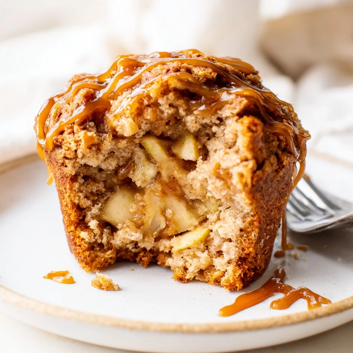 Luscious caramel apple sourdough muffins bursting with tender apple chunks for delightful snacking.