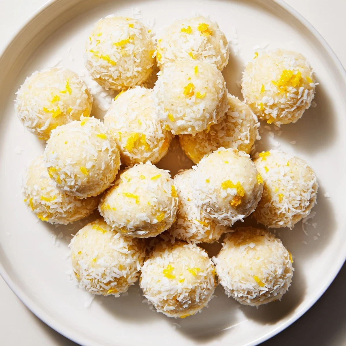 Zesty Holiday Snack Lemon Ginger Balls rolled in coconut, perfect for festive gatherings.