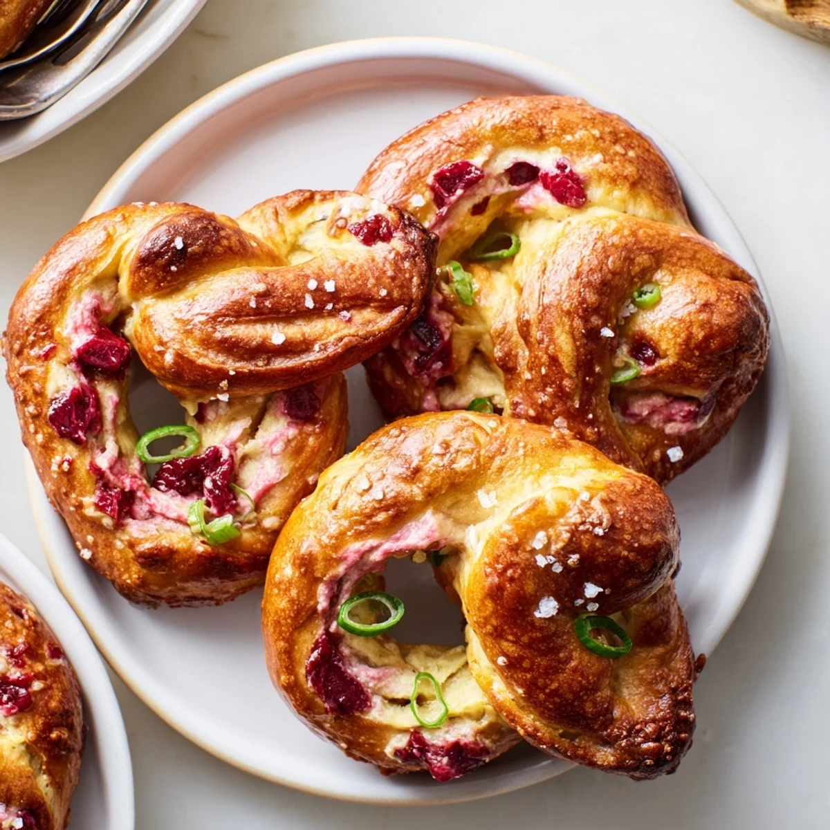 Soft pretzel twists bursting with creamy cranberry jalapeño dip, ideal party snack.  