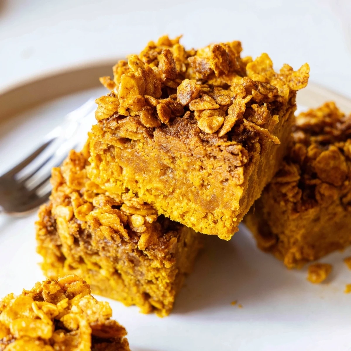 Moist spiced pumpkin cornflake muffin bars topped with crunchy flakes for breakfast.  