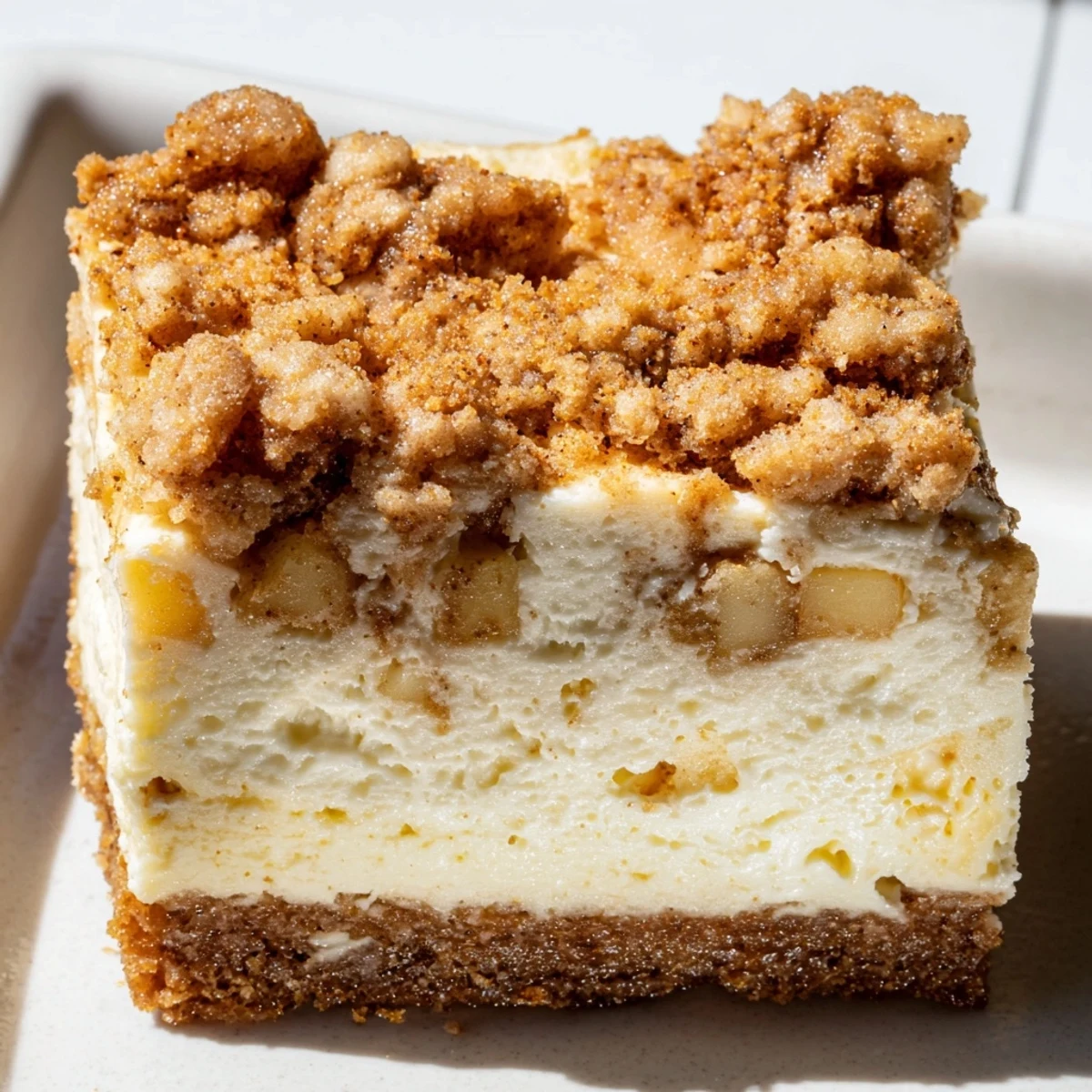 Delicious Cinnamon Apple Cheesecake Soda Bars topped with buttery crumbs and spiced apples.  