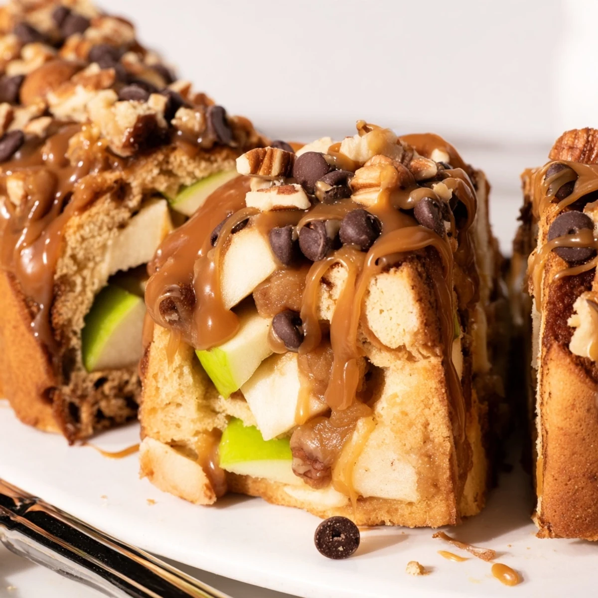 Chewy Monster Caramel Apple Bundt Bars drizzled with melted chocolate and caramel.  