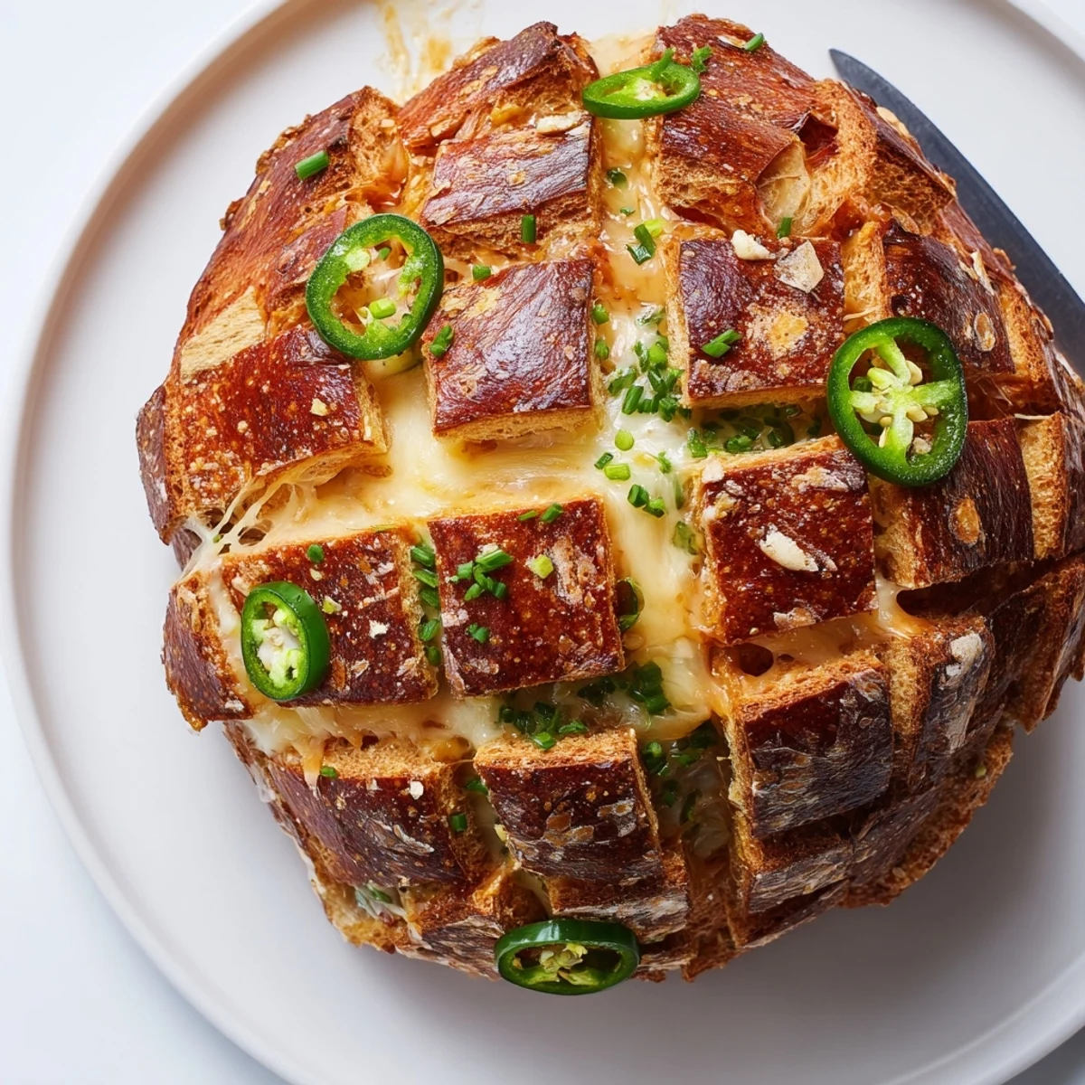 Gooey Cheesy Jalapeño Pretzel Cracked Loaf fresh out of the oven, golden and warm.  
