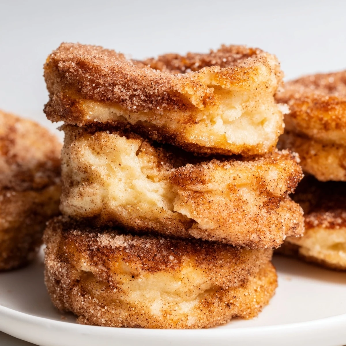 Flaky churro muffin pancakes stacked high, dusted with cinnamon sugar and butter.  