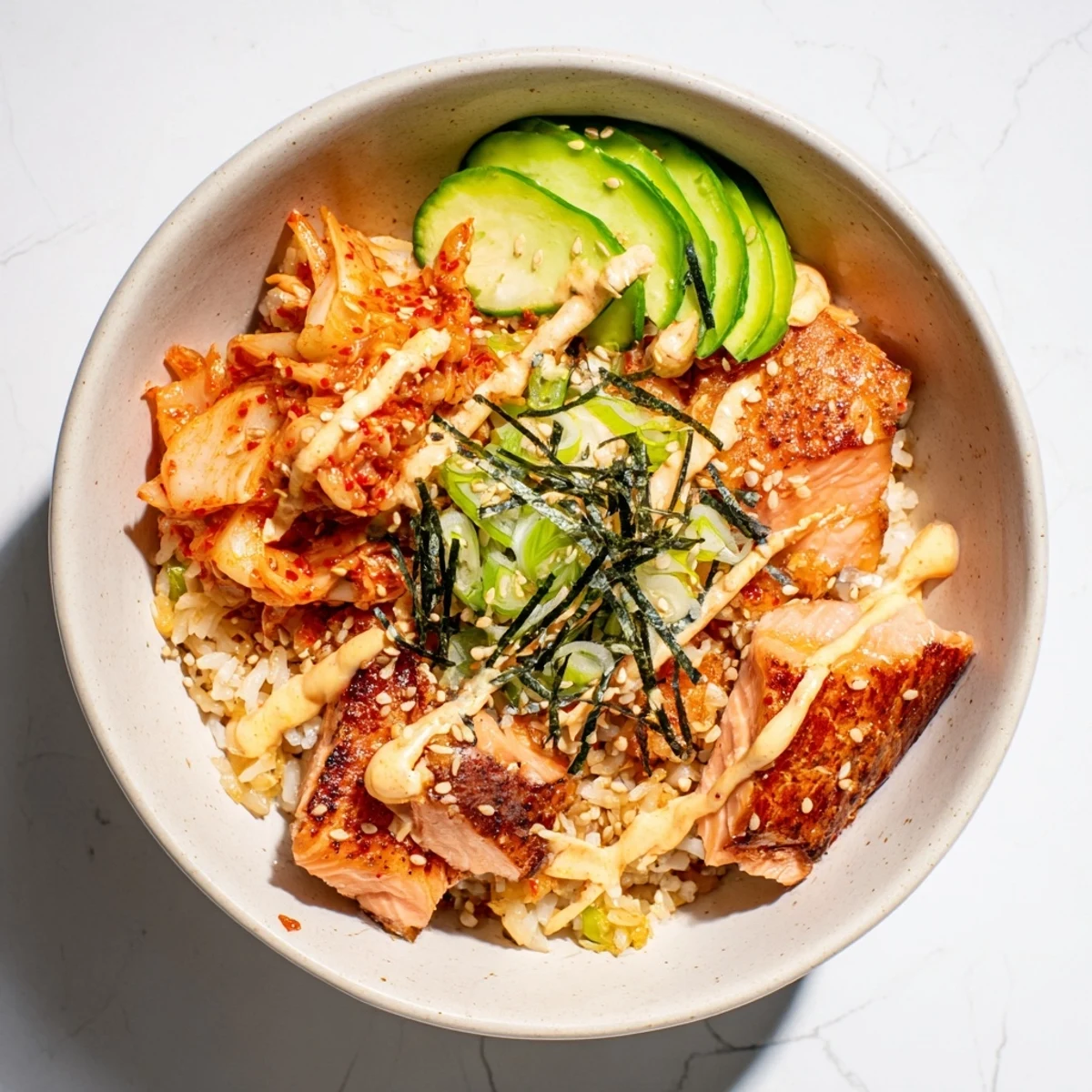 Delicious crispy salmon fillets served over fluffy rice, garnished with fresh avocado.  