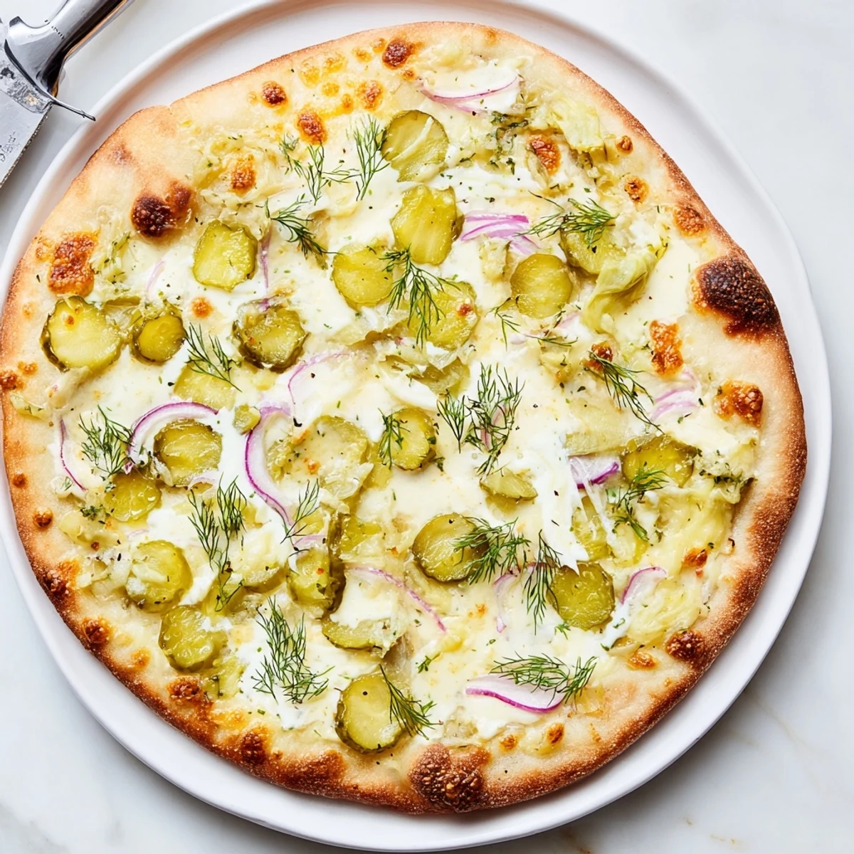 Deliciously unique Pickle Pizza with rich crème fraîche and fresh dill garnishing.  
