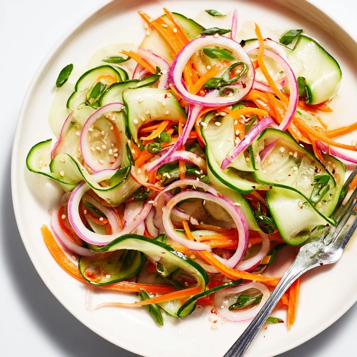 Refreshing cucumber salad remix with colorful veggies and tangy Asian dressing.  