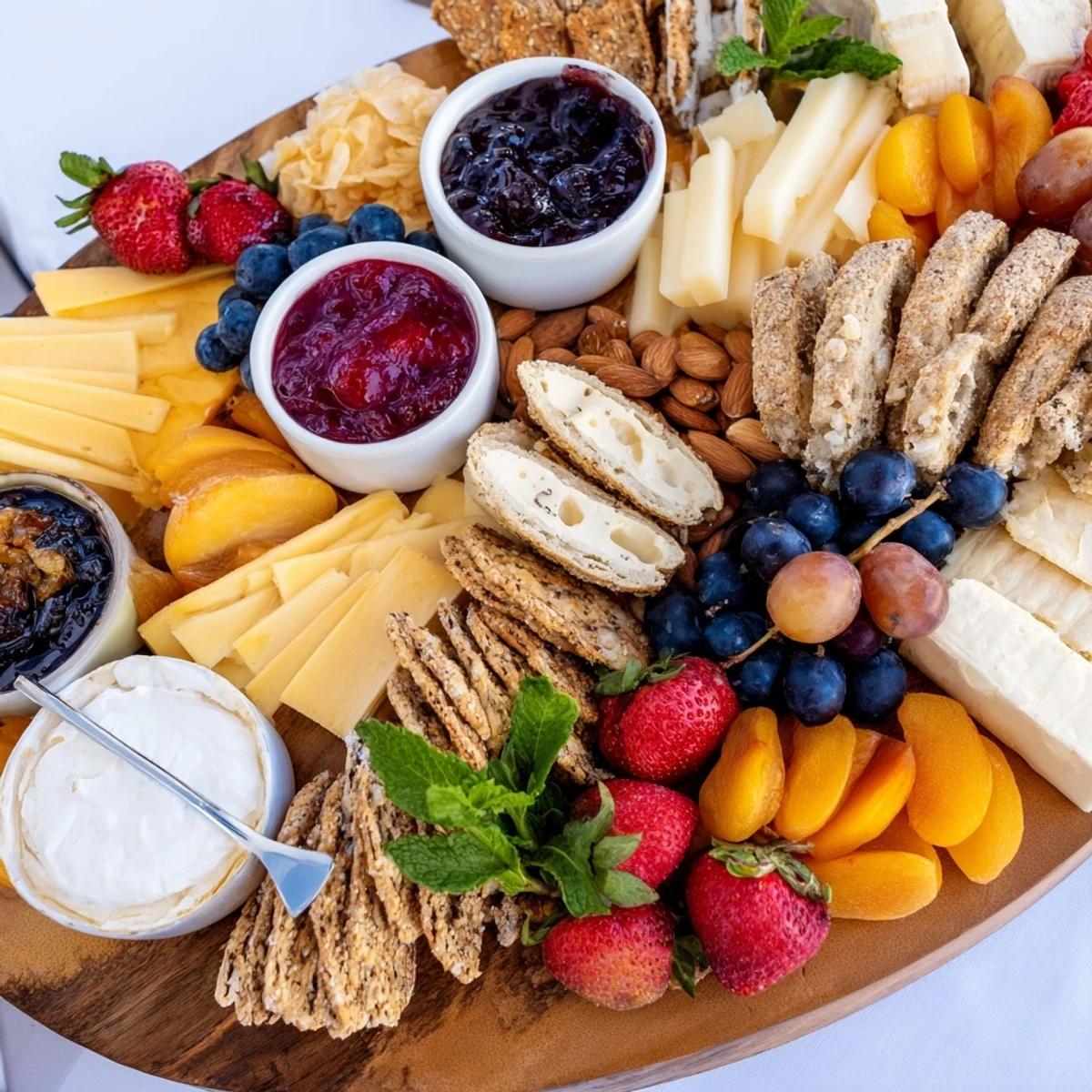 Delectable jam-infused brunch board, artfully arranged with bread and fresh ingredients.
