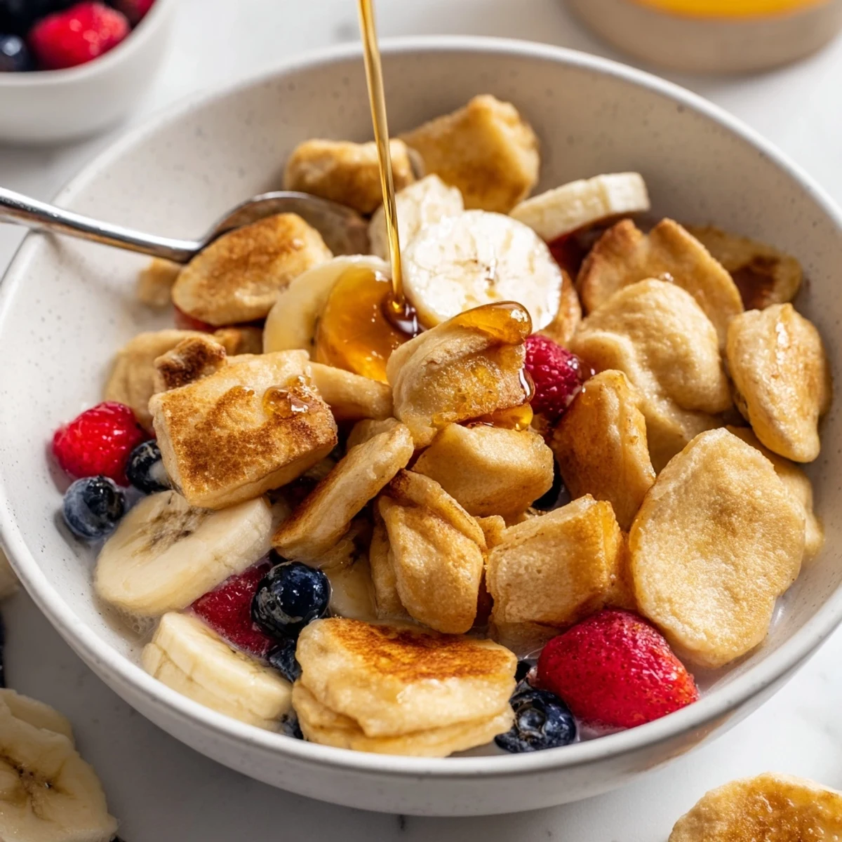 Adorable mini pancake cereal served warm with fresh fruit and maple syrup.  