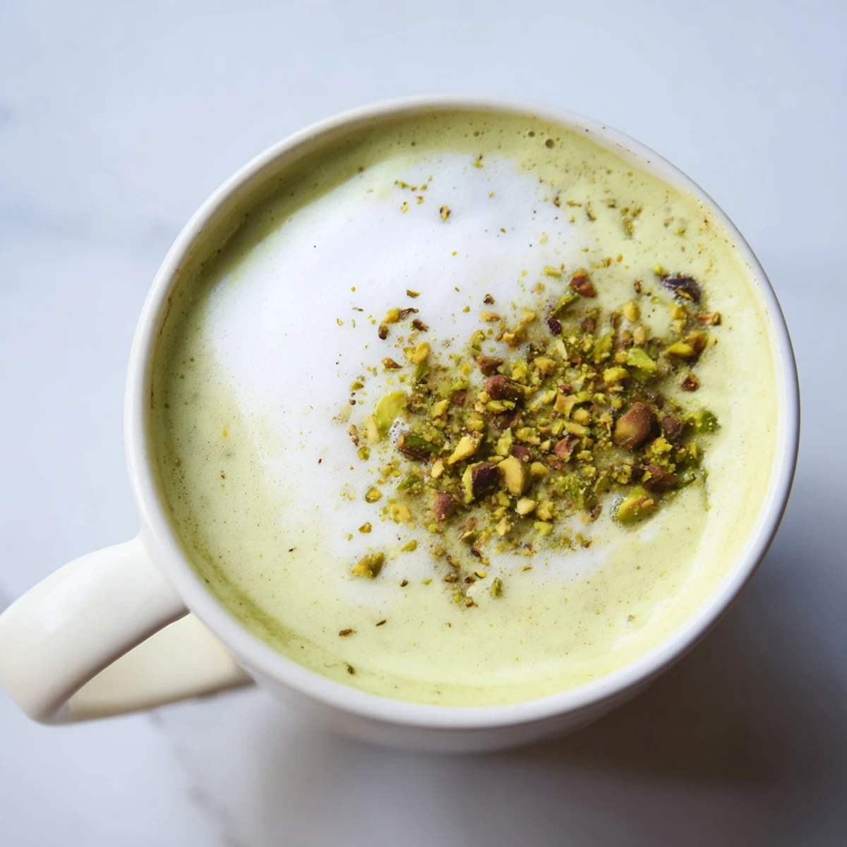 Homemade pistachio milk latte garnished with crushed pistachios for extra flavor.
