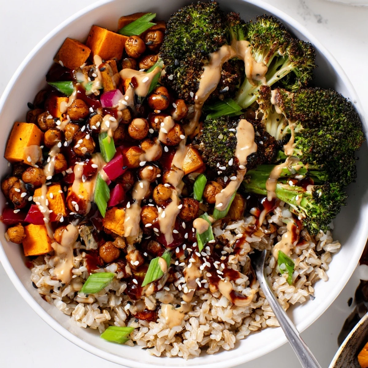 Vibrant Bold Sauce Drizzle Bowls topped with colorful roasted vegetables and creamy sauces.