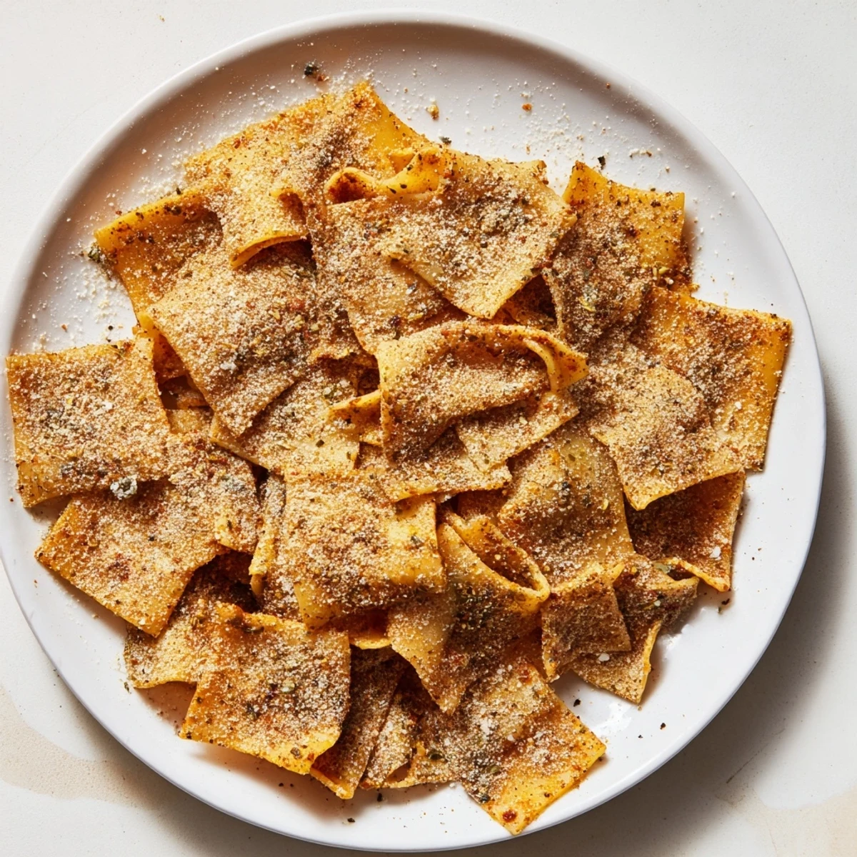 Crispy pasta chips seasoned variety, perfect for dipping with your favorite sauces.  