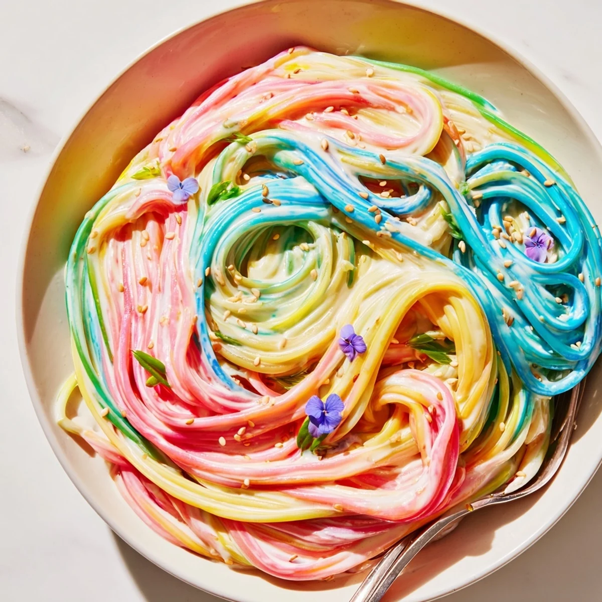 Vibrant Neon Noodle Cloud dish topped with colorful edible flowers and sesame seeds.  