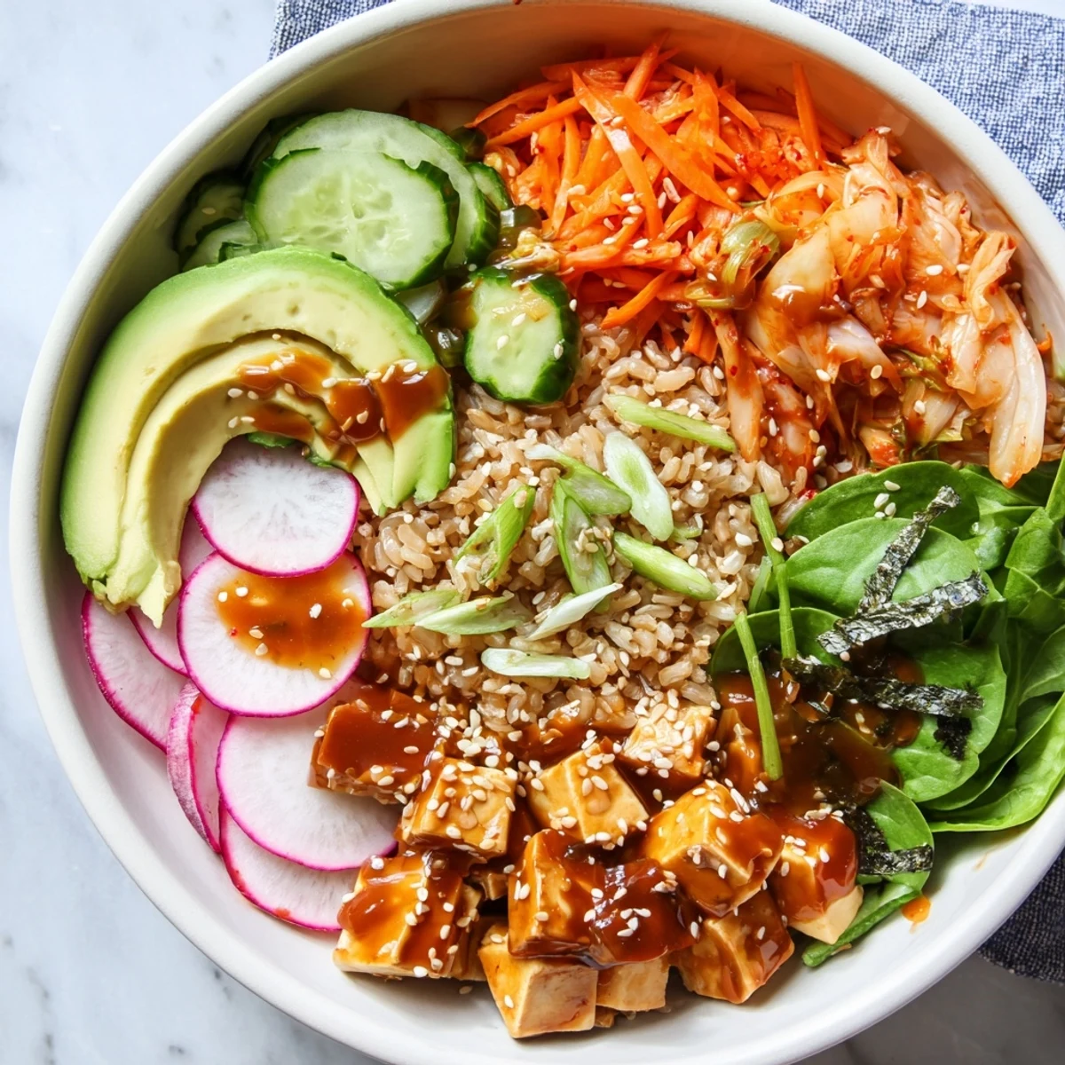 A colorful fermented vegetable bowl filled with tangy kimchi and fresh greens.  