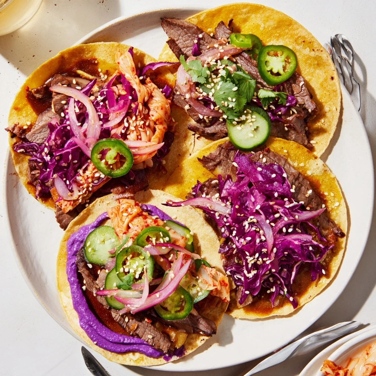 A plate of vibrant Global Street-Food Fusion Tacos, topped with fresh ingredients.  