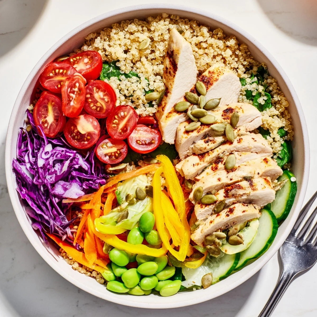 Vibrant healthy meal-prep bowls featuring colorful veggies and quinoa layers.