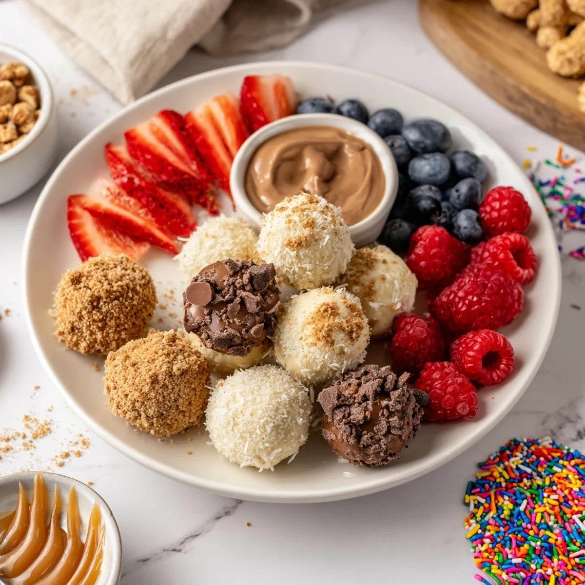 Indulgent cheesecake bites on a dessert board with rich caramel and chocolate drizzles.
