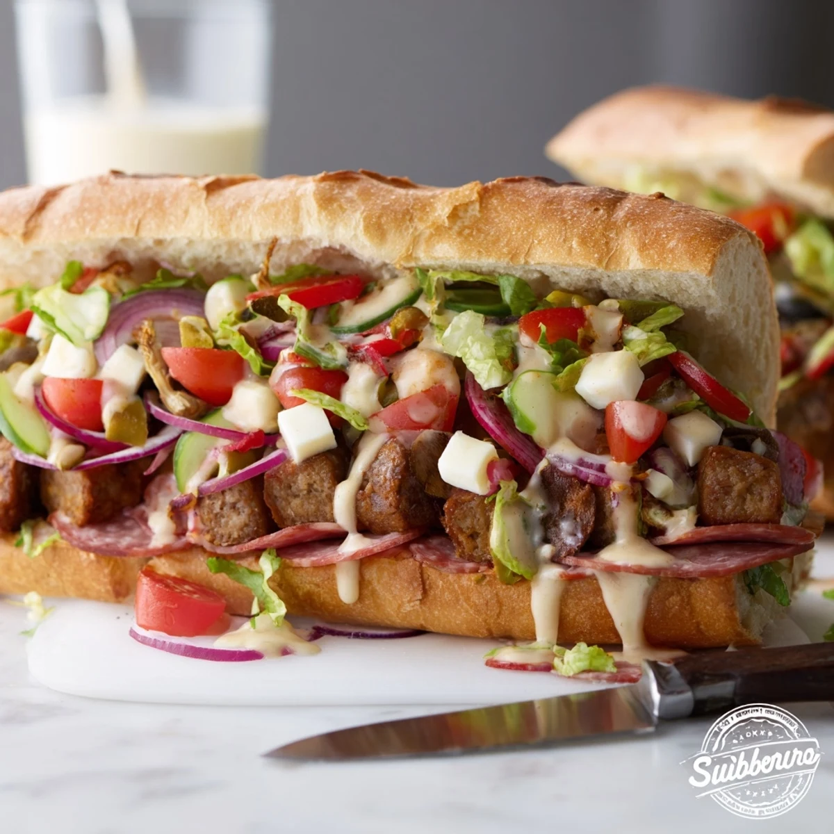 Vibrant flavor mash-up sandwiches stacked high with meats, cheeses, and fresh vegetables.  