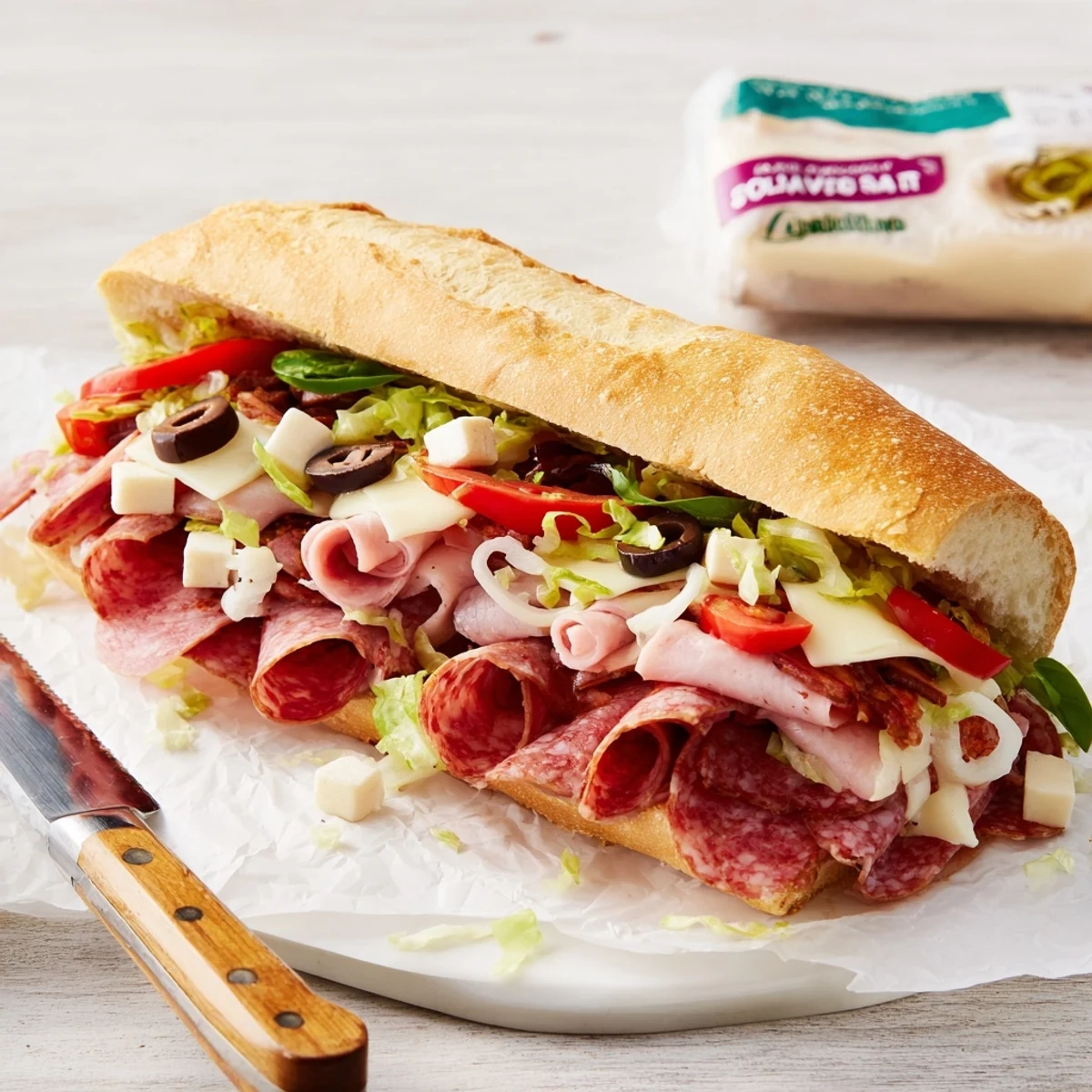 Delicious flavor mash-up sandwich overflowing with Italian meats, cheeses, and colorful veggies.  