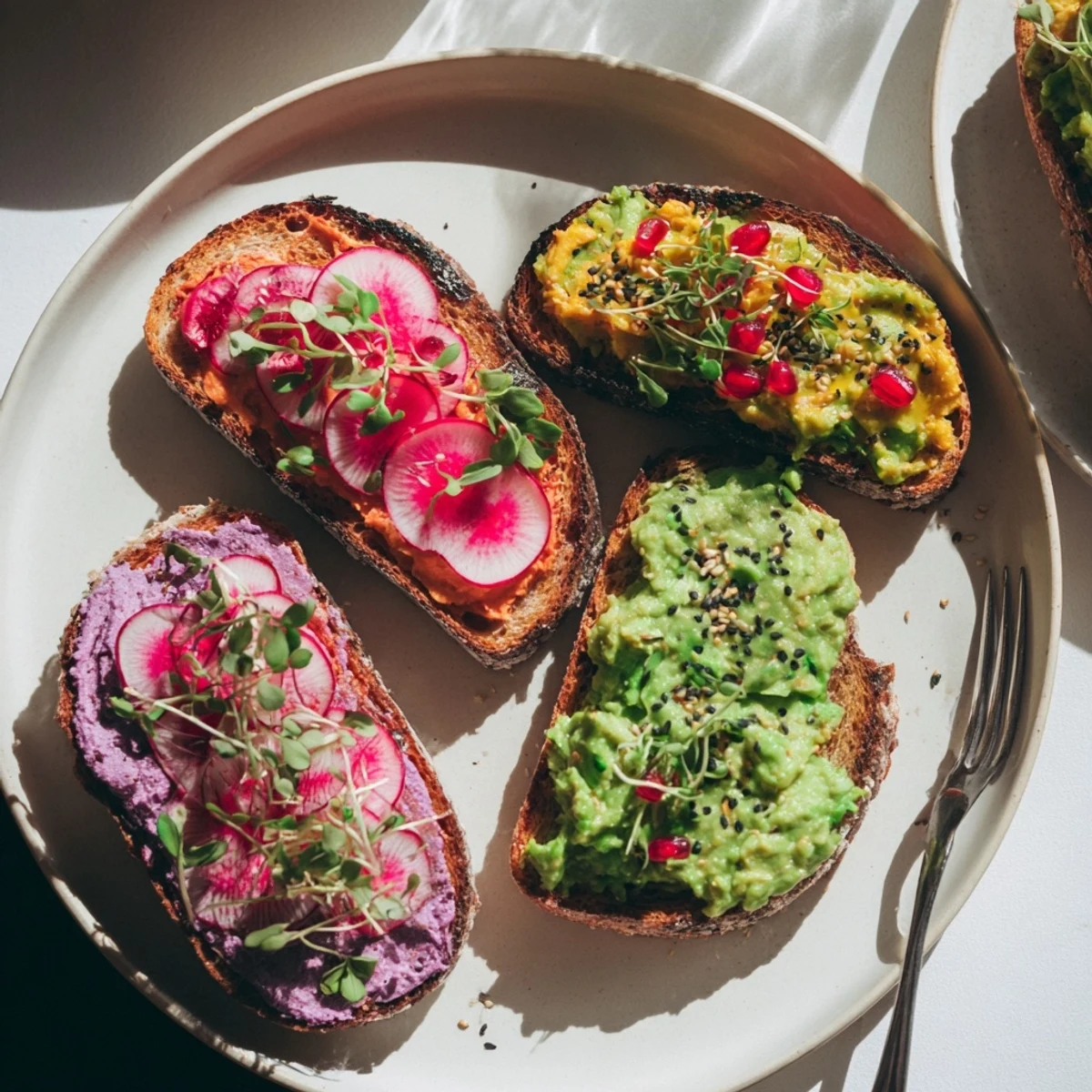Vibrant Bright & Bold Breakfast Toasts topped with ube, avocado, and fresh garnishes.  