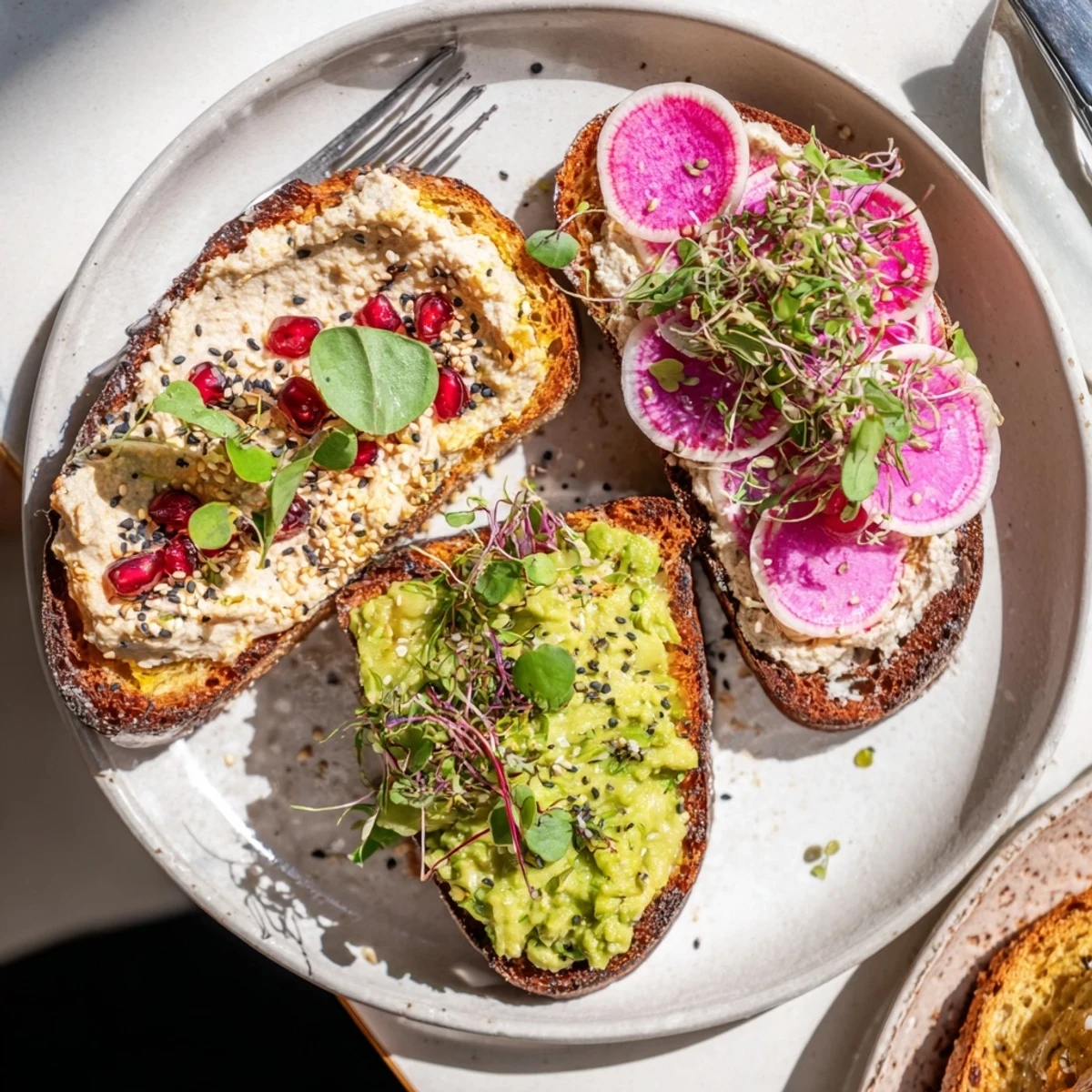 Colorful breakfast toasts featuring creamy ube spread, avocado, and pomegranate seeds.  