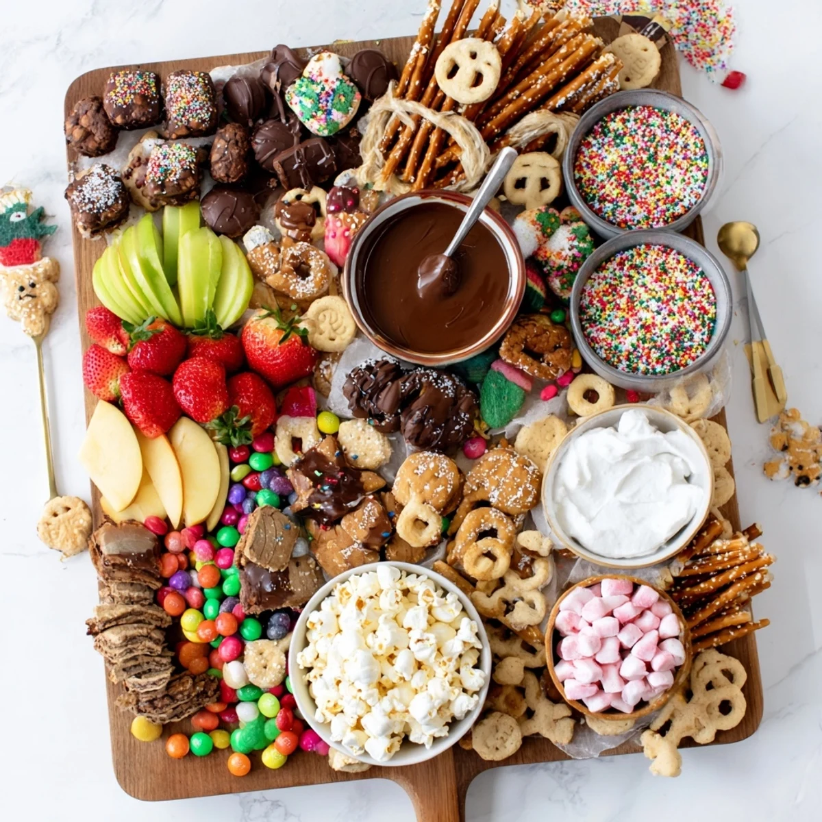 Colorful dessert boards with themed snacks featuring cupcakes and fresh fruits.  