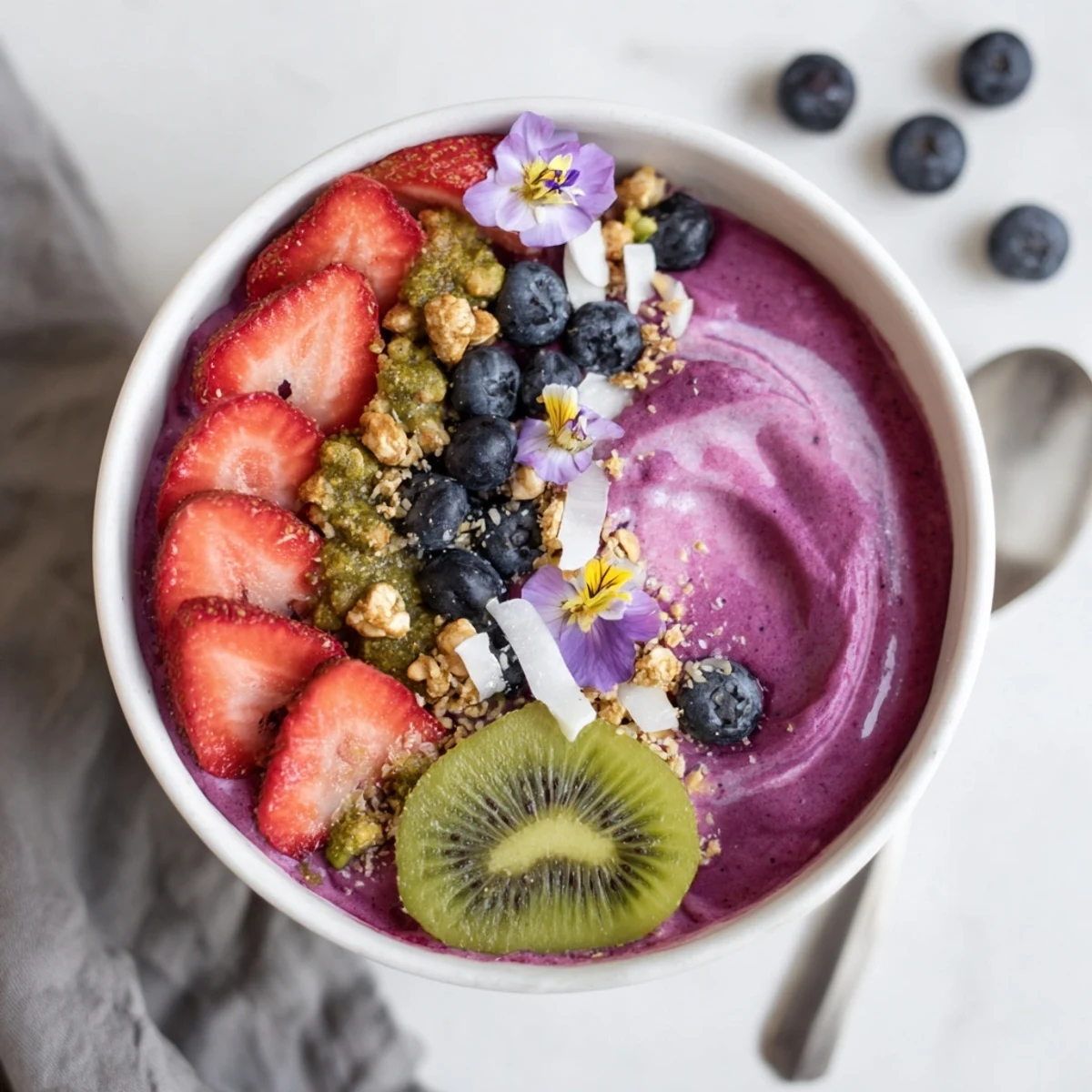 Colorful Vibrant Smoothie Bowls topped with fresh fruit and crunchy granola layers.  