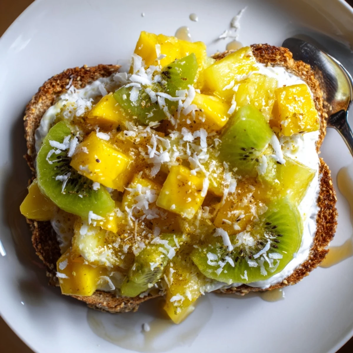 Delicious yogurt-custard toast, drizzled with honey and adorned with vibrant fruits.  