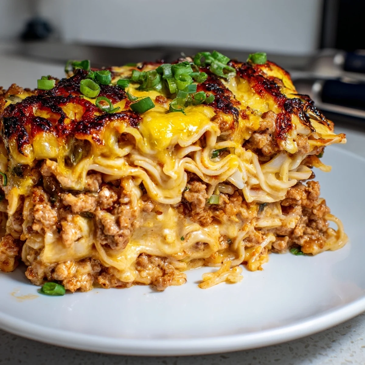 Layers of spicy ramen lasagna with ground pork, cheese, and tangy tomato sauce.  