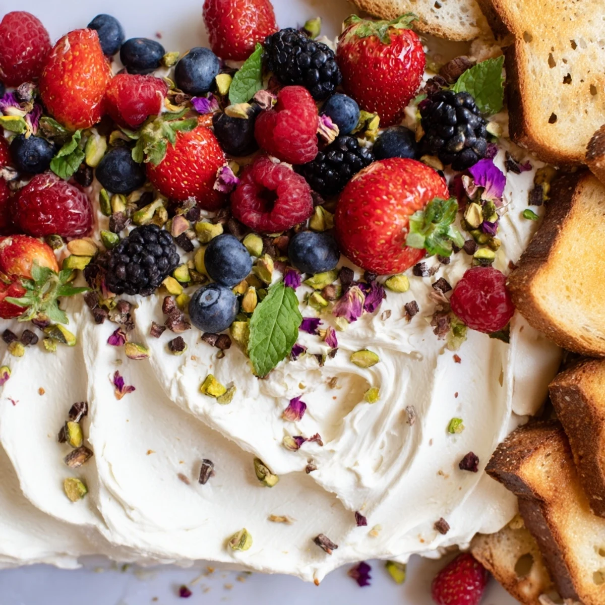 Decadent Butter Board Dessert featuring cream cheese and colorful fruit toppings.