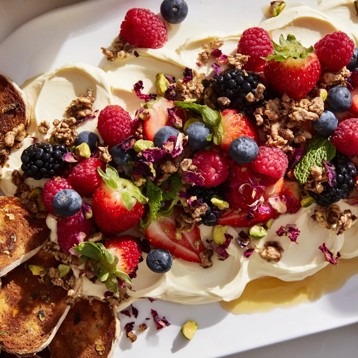 A vibrant Butter Board Dessert with whipped cream cheese and fresh berries.  