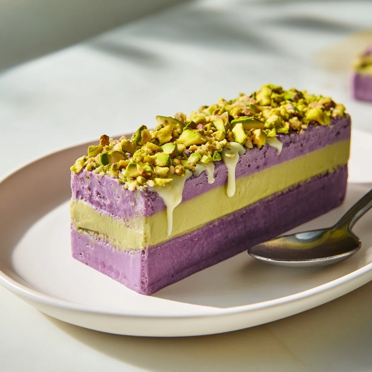 Creamy ube and pistachio ice cream bars, perfect for summer gatherings.  