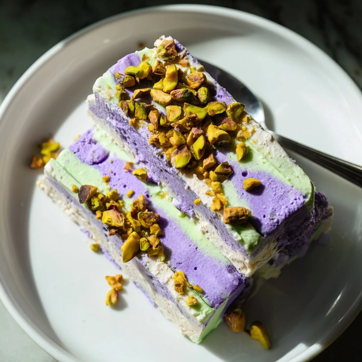 Vibrant ube and nutty pistachio layers in irresistible ice cream bars.  