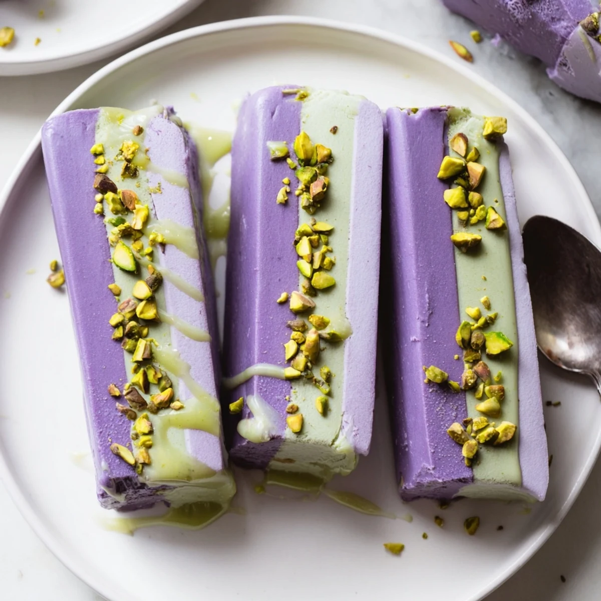 Delightful ube & pistachio ice cream bars drizzled with condensed milk topping.
