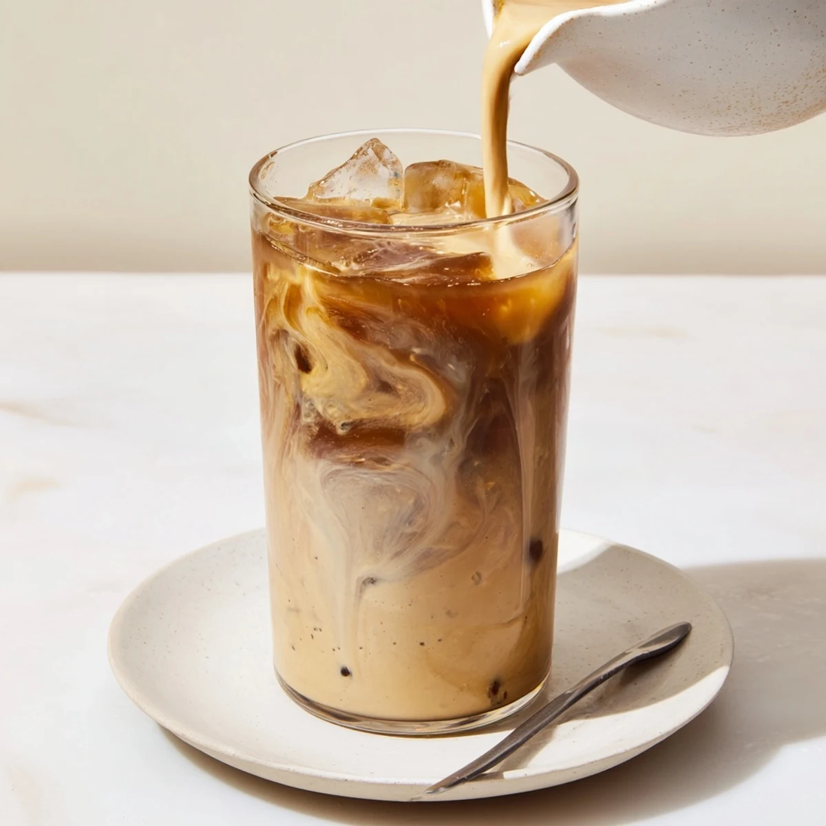 Deliciously smooth tahini iced coffee served with ice for a cooling treat.