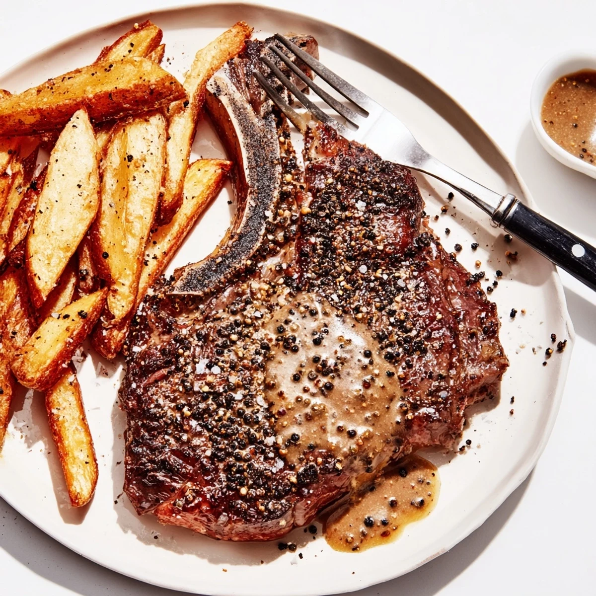 Succulent Classic Peppercorn Ribeye with crispy fries plated for a hearty meal.  