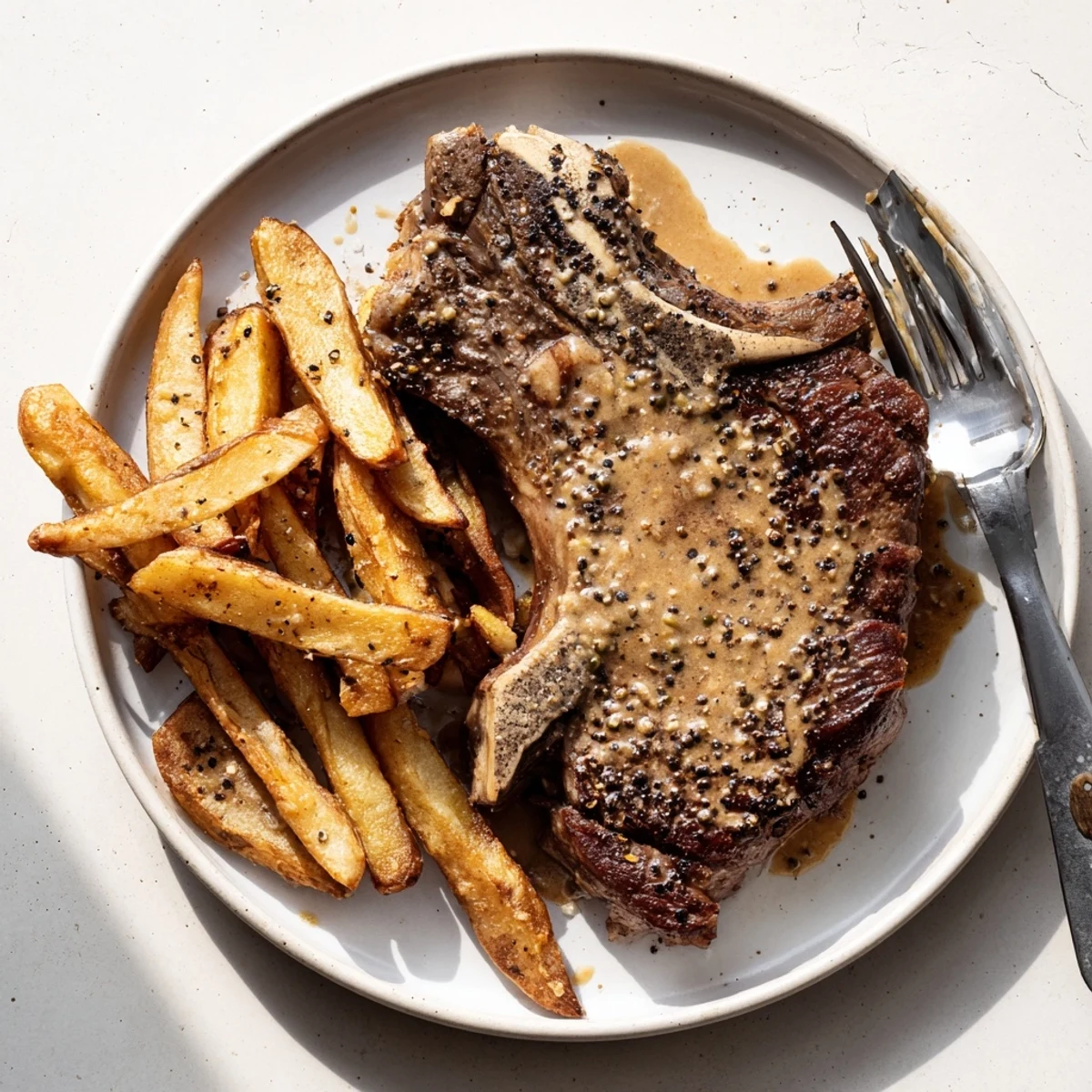 Perfectly seared Classic Peppercorn Ribeye garnished with golden, crunchy fries and fresh thyme.  