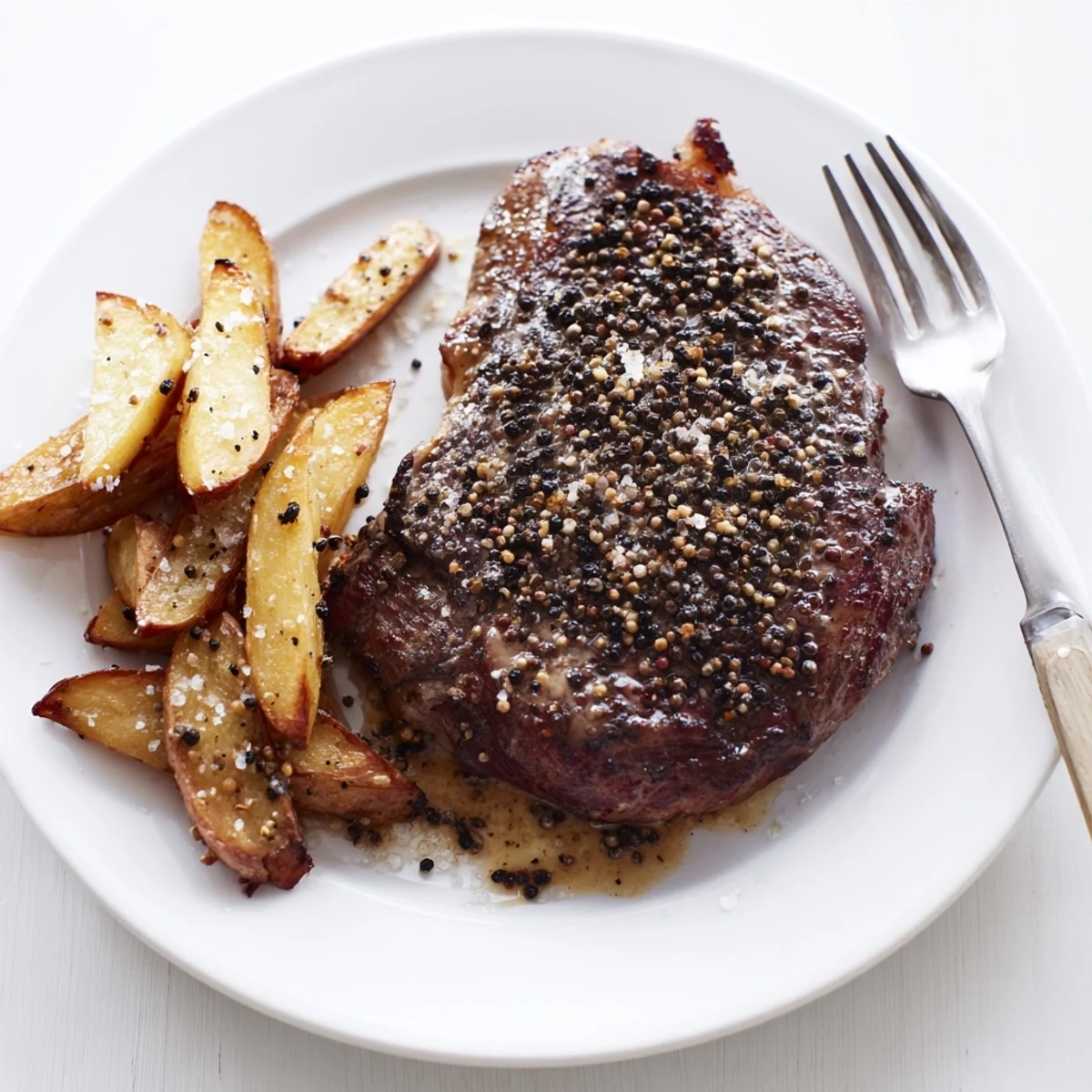 Indulgent Classic Peppercorn Ribeye drizzled with creamy sauce beside crispy, salt-seasoned fries.