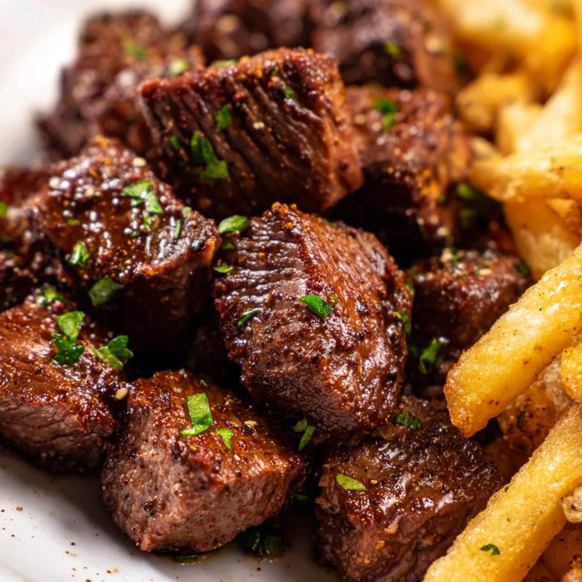Juicy blackened Cajun steak bites served with crispy golden fries on a plate.  