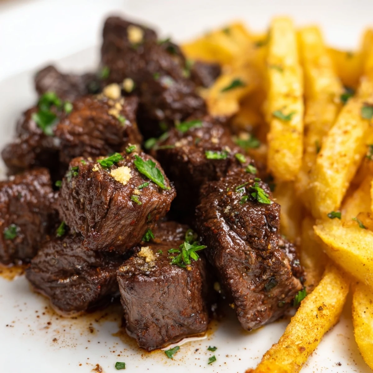 Tender Cajun steak bites sizzling in a skillet, accompanied by hot, crunchy fries.  