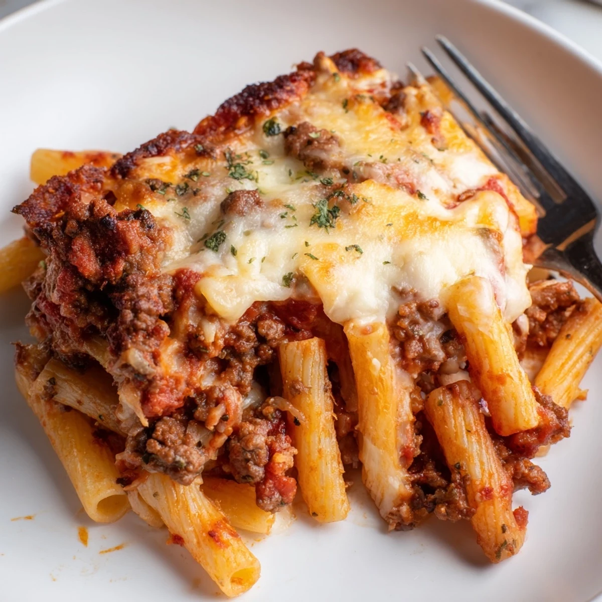 Cheesy Beef & Penne Bake topped with golden mozzarella, a family favorite casserole.  