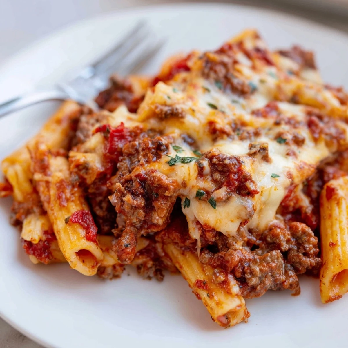 Hearty Cheesy Beef & Penne Bake, perfect for potlucks with rich tomato and beef sauce.