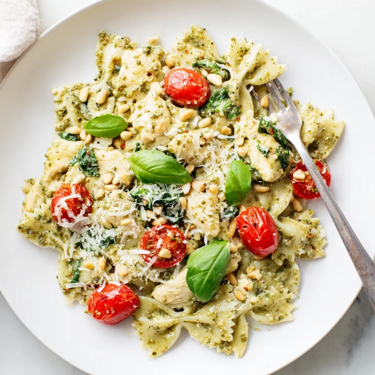 Vibrant Pesto Chicken Bowtie Pasta topped with toasted pine nuts and fresh basil.  