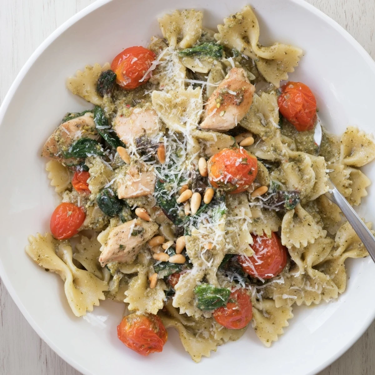 Deliciously rich Pesto Chicken Bowtie Pasta served with cherry tomatoes and Parmesan.