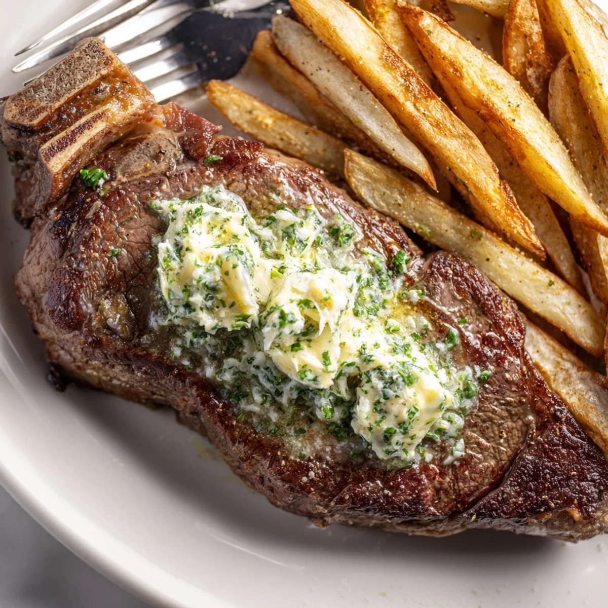 Delicious Steakhouse Garlic Butter Steak, drizzled with garlic butter, served alongside fries.